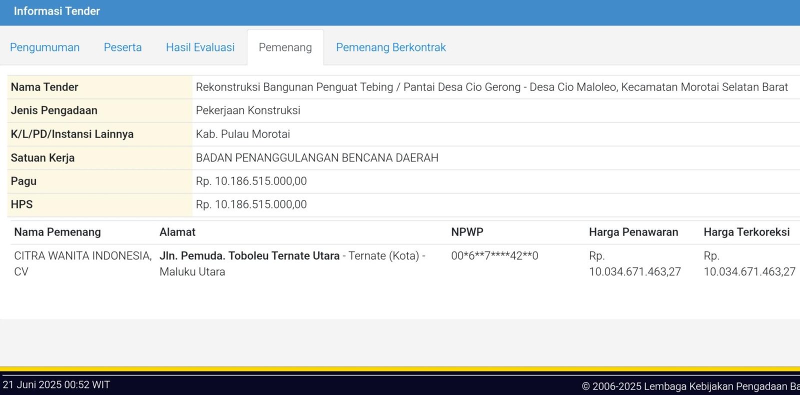 Kuras APBD Rp31,1 Milyar, CV Citra Wanita Indonesia Pemenang Tender Tertinggi dari 4 Proyek di Morotai